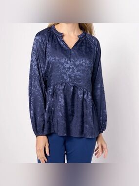 Isaac Mizrahi Live Navy Stretch Jacquard Peplum Blouse SZ 10 Lightweight Top NEW